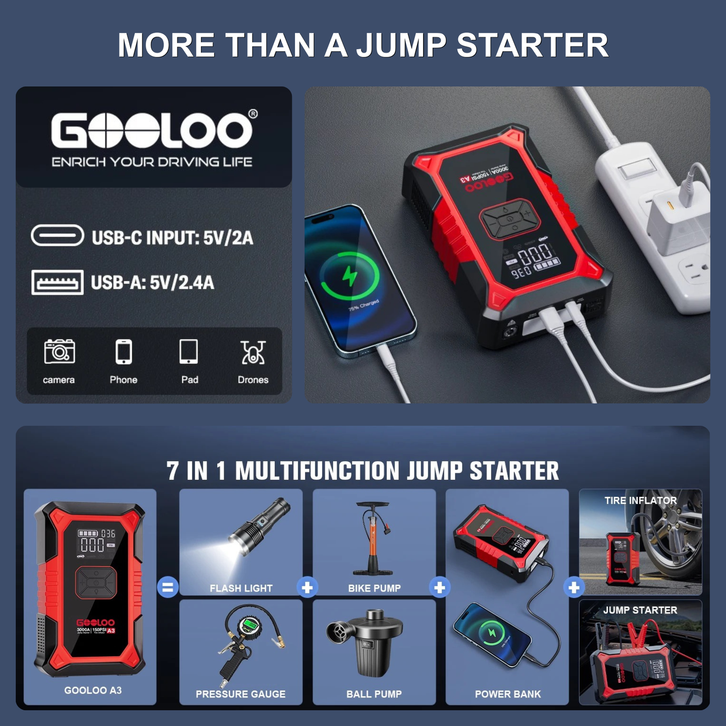 GOOLOO A3 Portable Jump Starter & Air Compressor 3000A