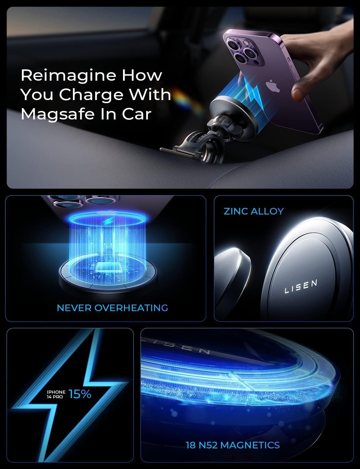 For MagSafe Car Mount Charger, 15W Magnetic Wireless Car Charger,Universal Car Wireless Charger Mount for iPhone 17/16/15/14/13