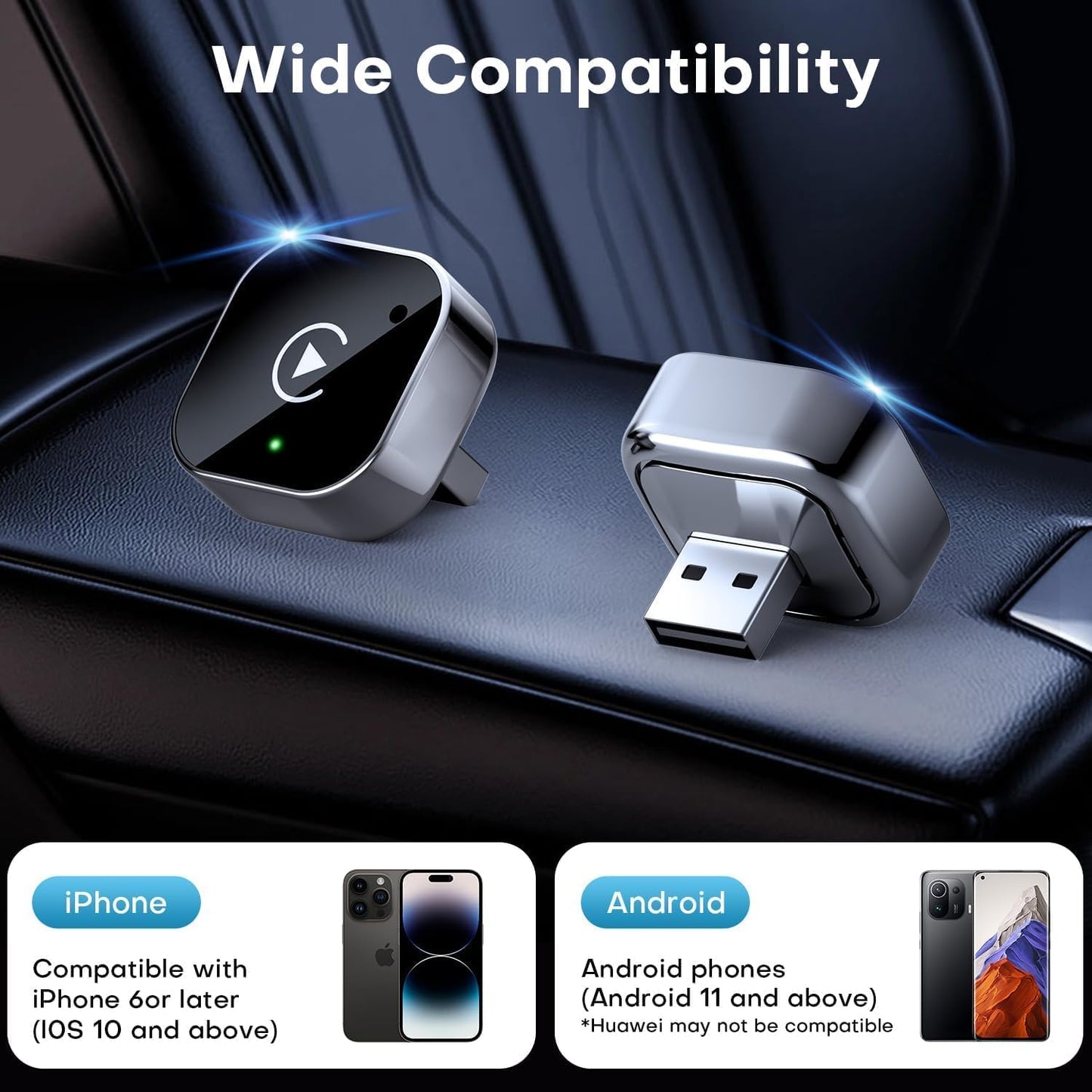 Wireless CarPlay & Android Auto Dongle, Fast Auto-Connect, Compact Plug & Play for iPhone/Android, USB/USB-C, No Delay