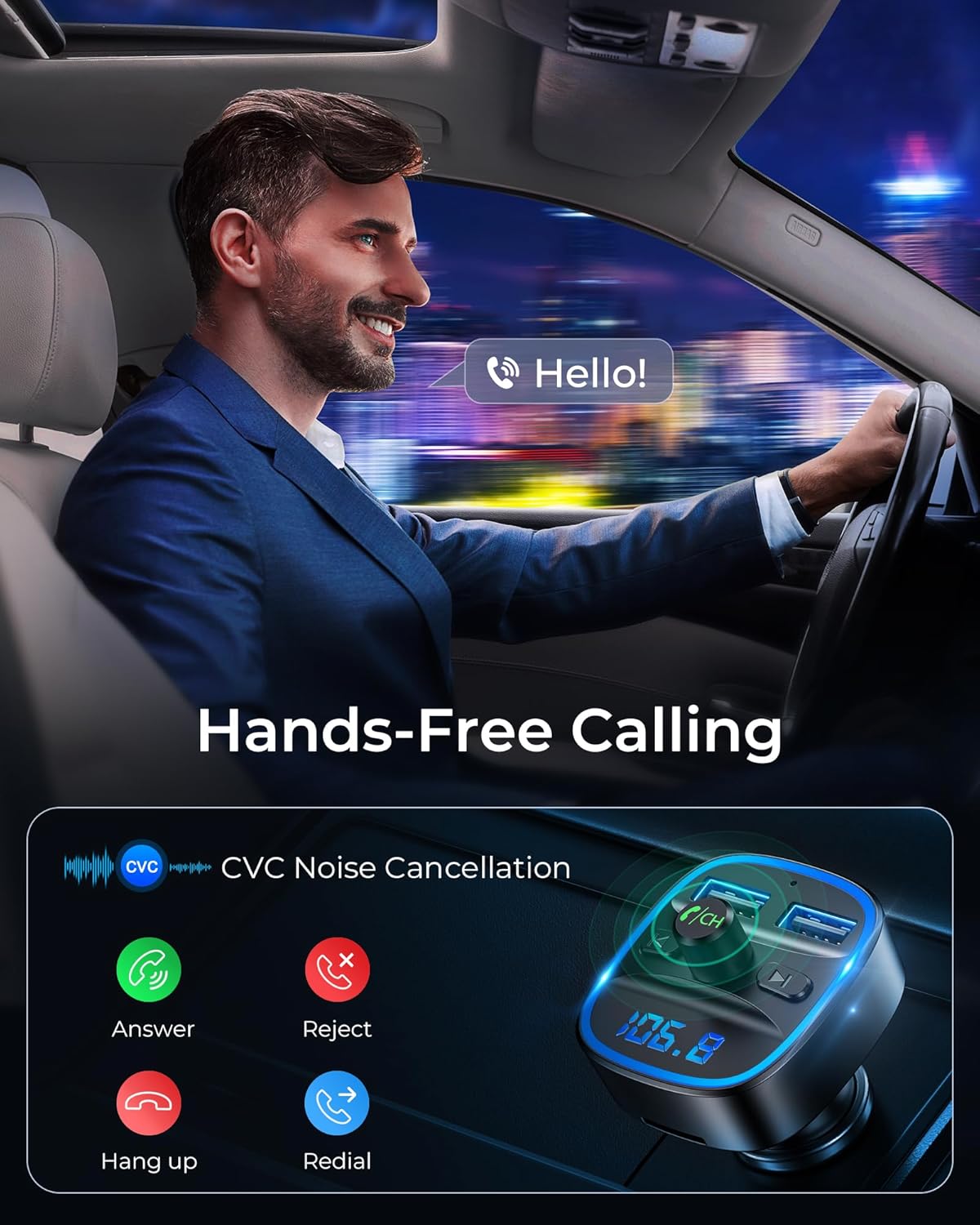 LENCENT Bluetooth FM Transmitter Wireless Radio Adapter Car Kit with Dual USB Charging Car Charger MP3 Player Support TF Card