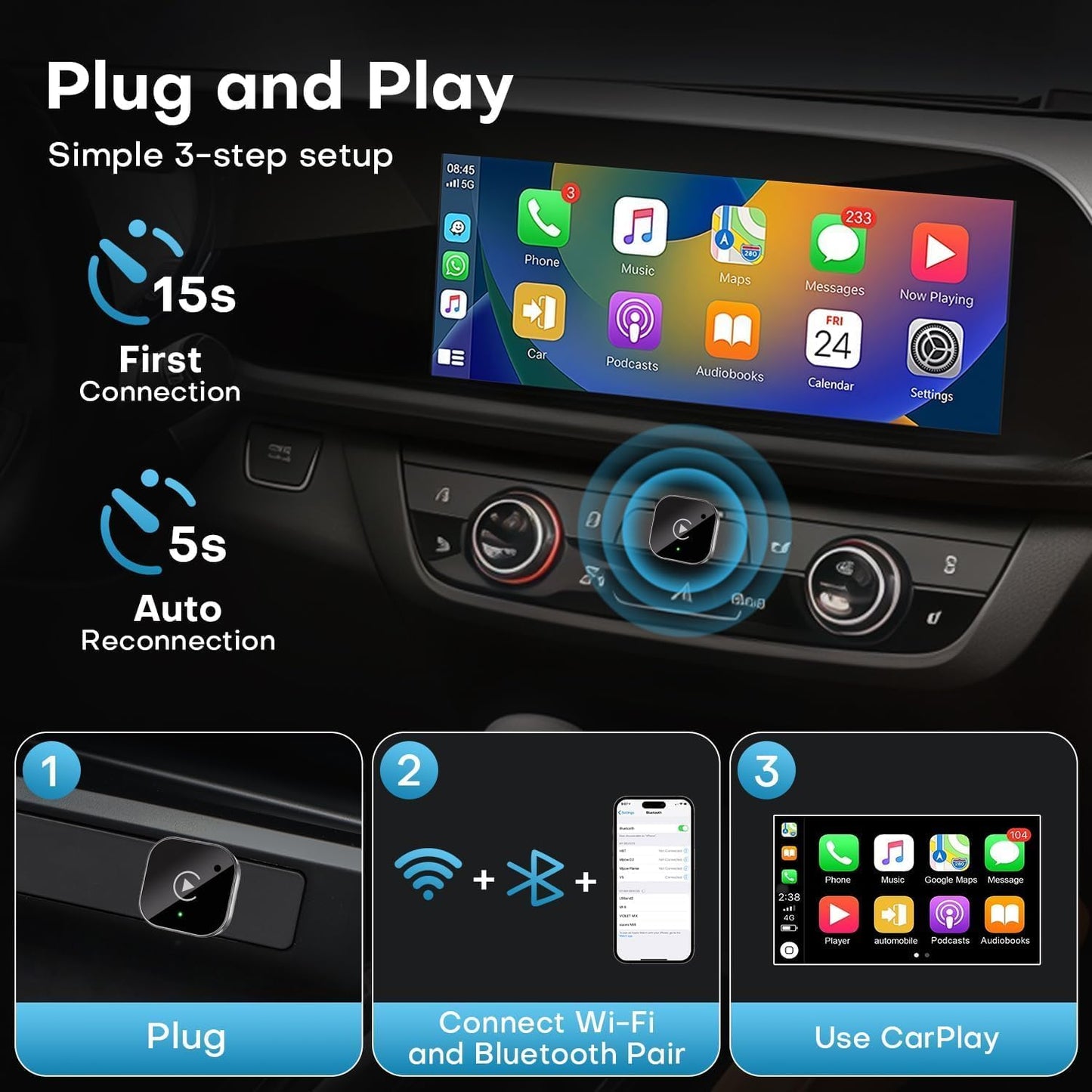 Wireless CarPlay & Android Auto Dongle, Fast Auto-Connect, Compact Plug & Play for iPhone/Android, USB/USB-C, No Delay