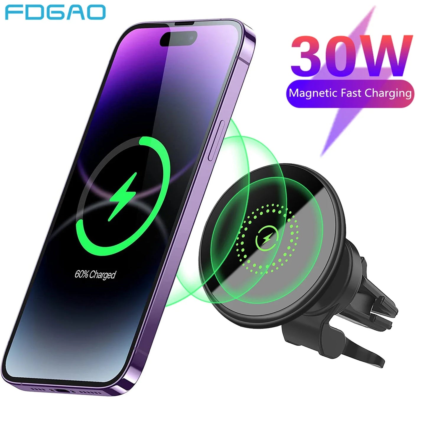 Magnetic Wireless Car Charger Mount – 15W/30W MagSafe