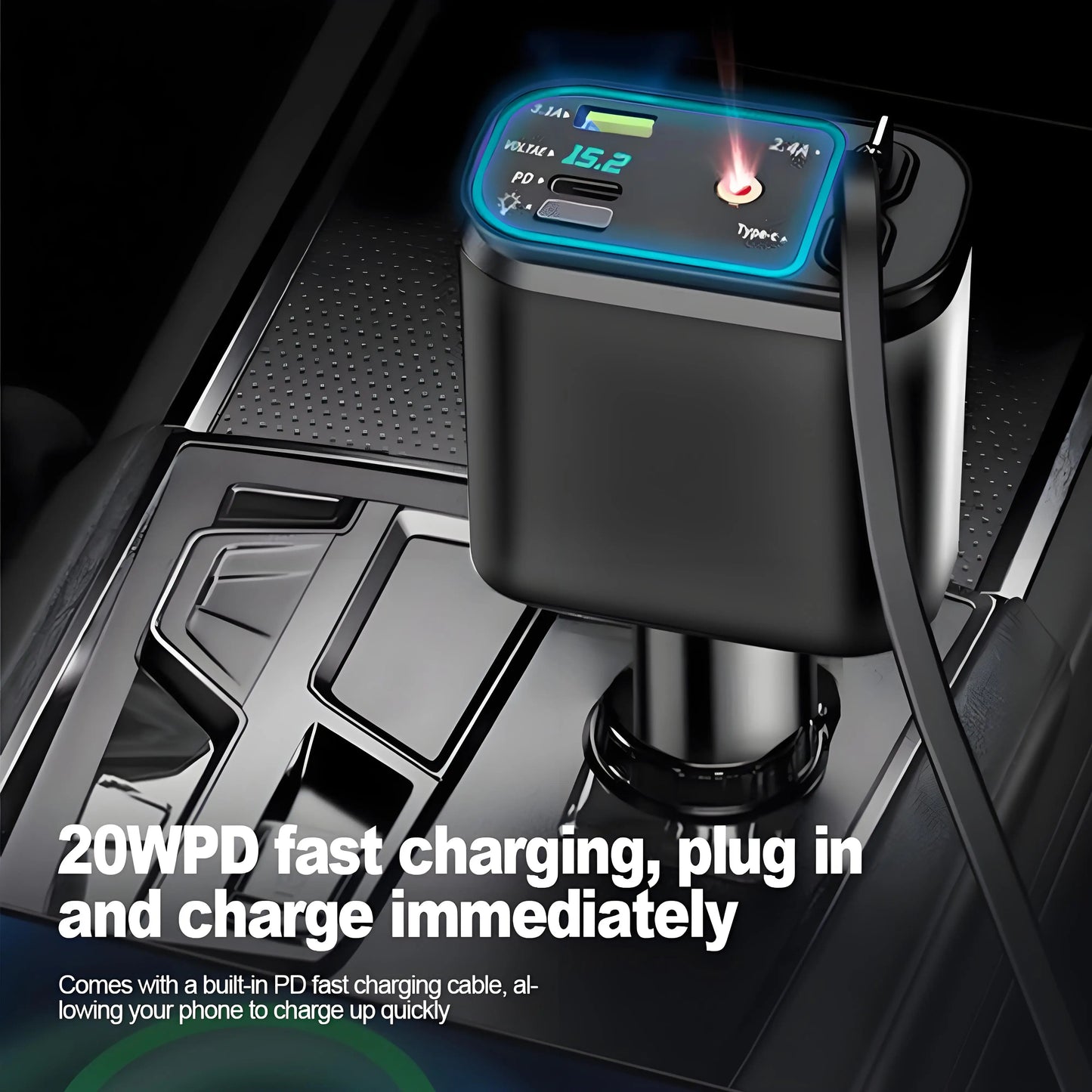 120W Fast Car Charger with Retractable Cable & Starlight LED