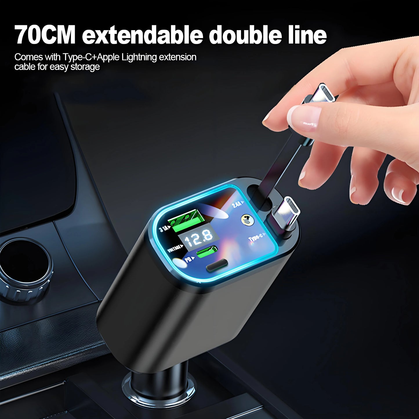 120W Fast Car Charger with Retractable Cable & Starlight LED