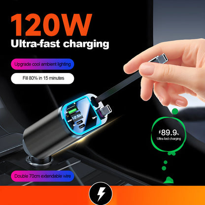 120W Fast Car Charger with Retractable Cable & Starlight LED
