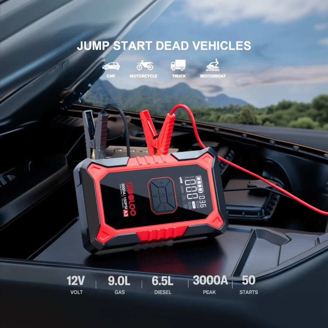 GOOLOO A3 Portable Jump Starter & Air Compressor 3000A