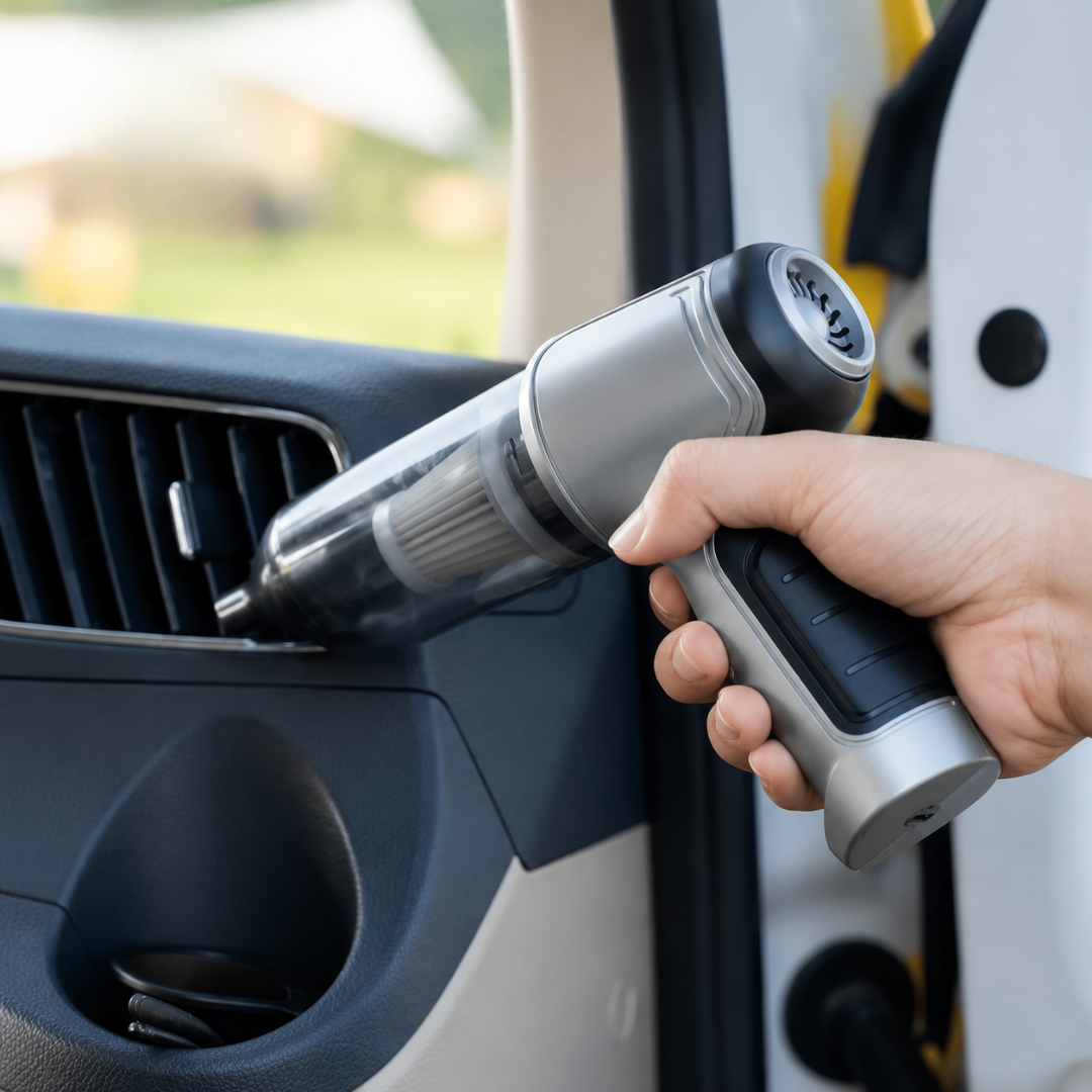 Hand holding a handheld vacuum cleaner inside a car.