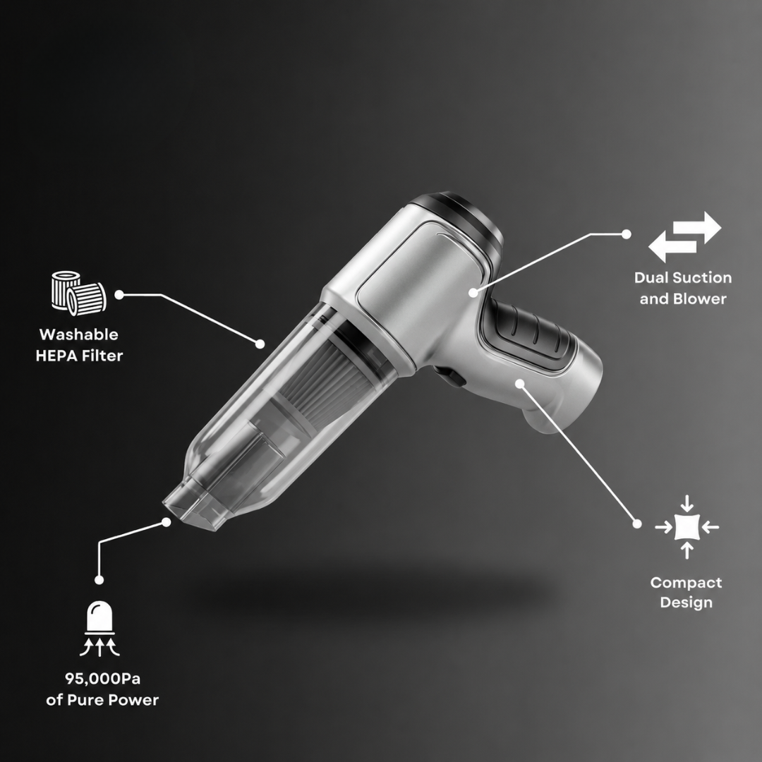 Tekluno portable car vacuum cleaner featuring washable HEPA filter, dual suction and blower function, and compact design