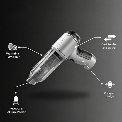 Tekluno portable car vacuum cleaner featuring washable HEPA filter, dual suction and blower function, and compact design