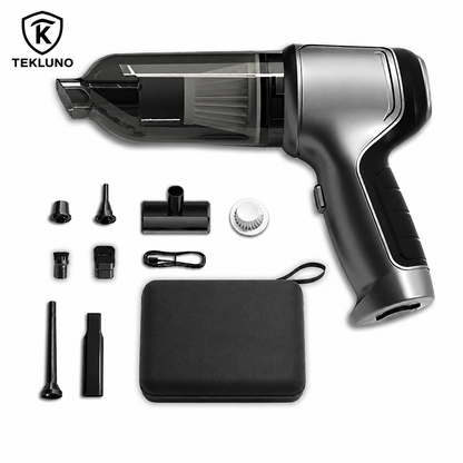 Tekluno portable car vacuum cleaner and blower kit with attachments, storage case, and washable filter