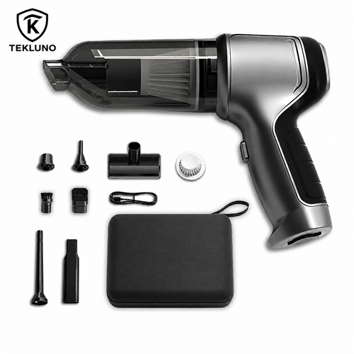 Tekluno portable car vacuum cleaner and blower kit with attachments, storage case, and washable filter
