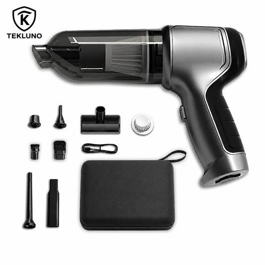 Tekluno portable car vacuum cleaner and blower kit with attachments, storage case, and washable filter