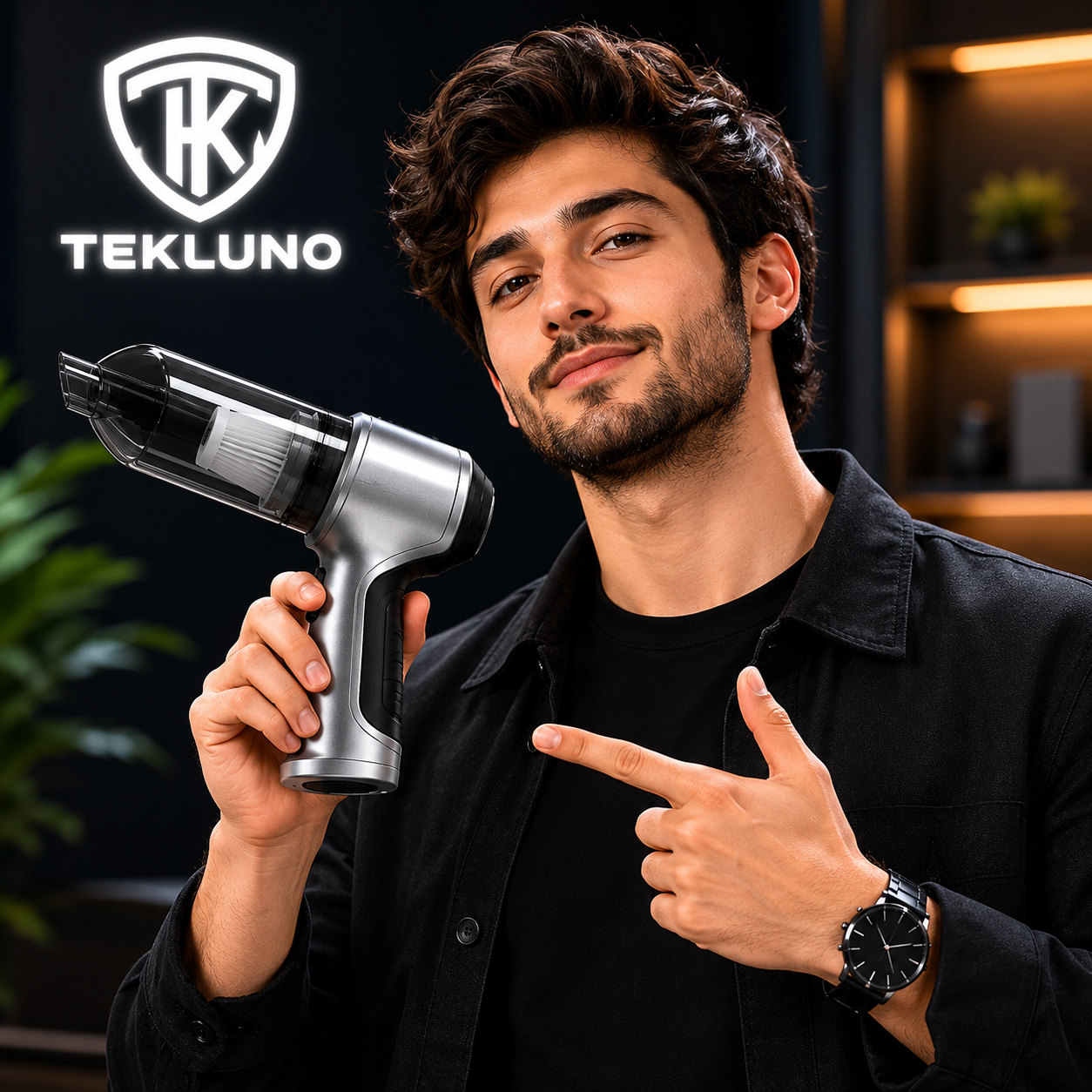 Man holding a handheld vacuum cleaner with TEKLUNO branding in the background