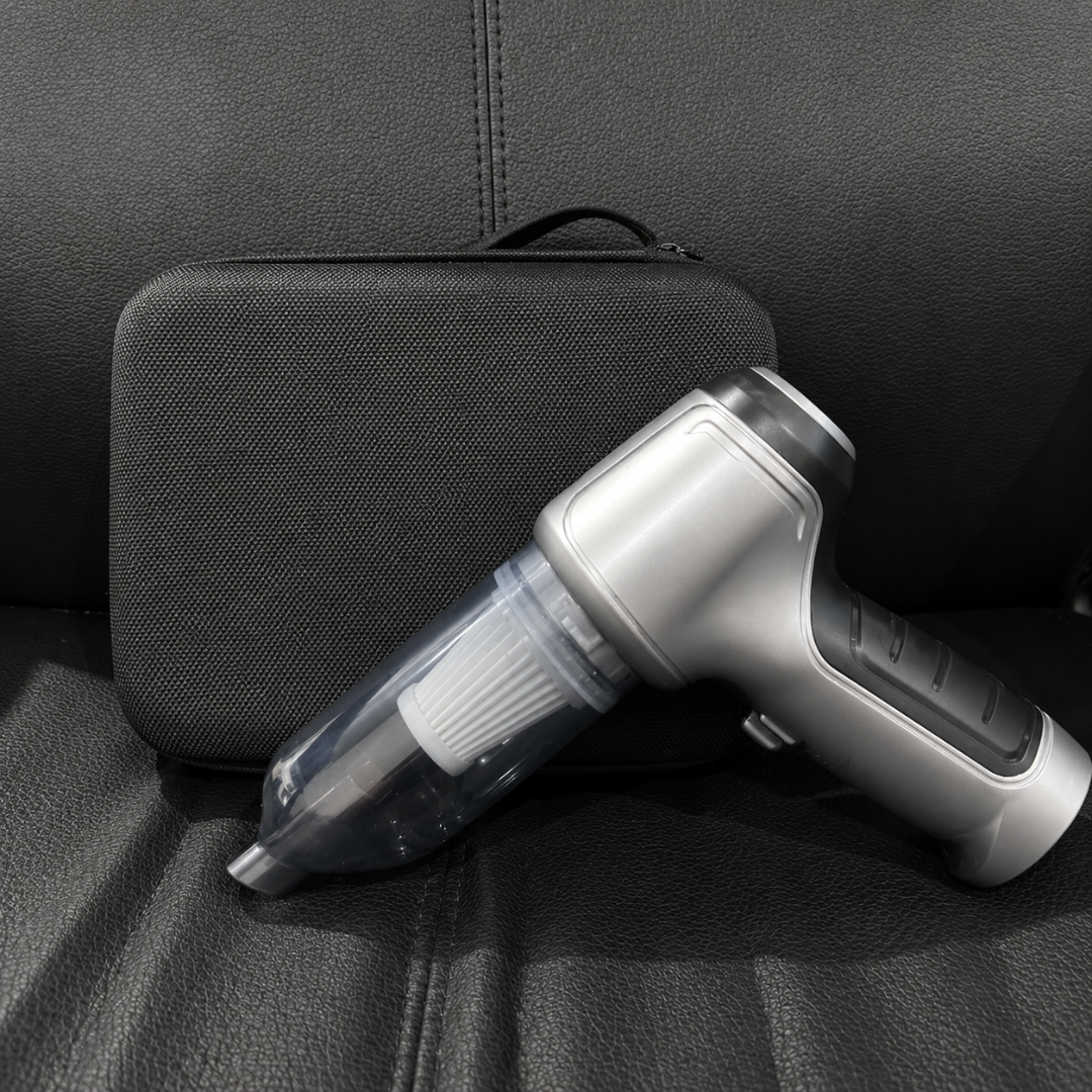 Tekluno portable car vacuum cleaner with storage case placed on a vehicle seat
