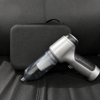 Tekluno portable car vacuum cleaner with storage case placed on a vehicle seat